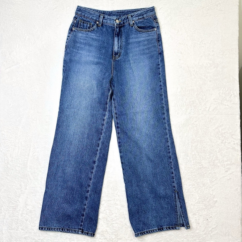5KG Jeans Womens Large 28x28 Blue Denim Wide Leg‎ High Rise Fade Split Hem PPB